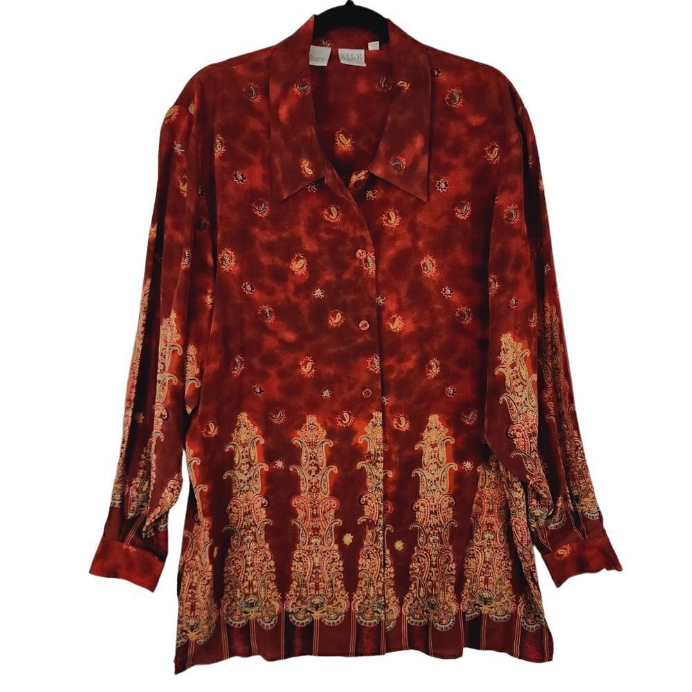 WinterSilks Silk Collections Top Long Sleeve‎ Paisley Print Red Burgundy sz 12